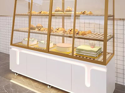 Modern Bakery With Glass Display Case Golden Frame White Cabinet And Assorted Desserts Bread Cakes 3d model