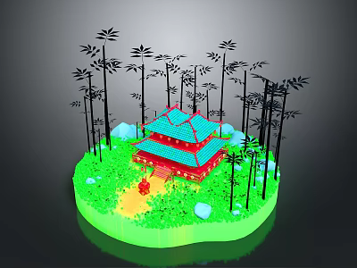 Traditional Red Blue Architecture In Bamboo Grove With Green Landscape Yellow Path And White Stones 3d model