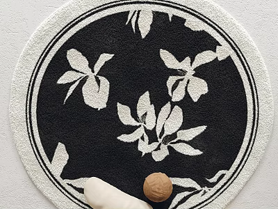 Stylish Round Area Rug With White Floral Pattern On Black Background And White Border 3d model