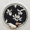 Stylish Round Area Rug With White Floral Pattern On Black Background And White Border