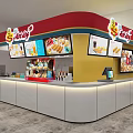 Worldly Restaurant Counter With White Design Digital Screens Showing Burgers Drinks And Cartoon Character Signboard