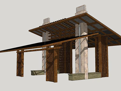 Open Pavilion Structure With Wooden Roof Stone Columns And Beam Design 3d model