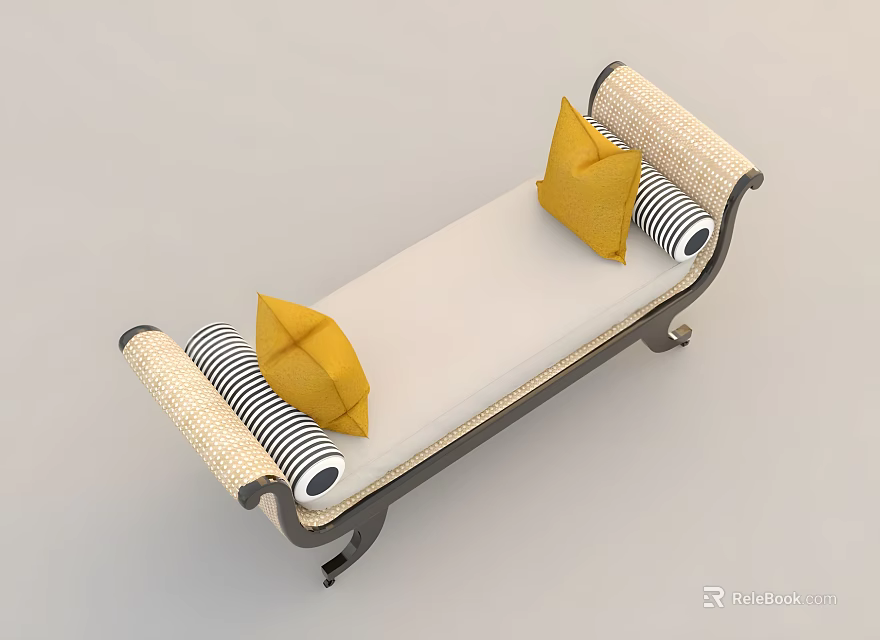 Stylish Sofa Bench With Light Cushion Rattan Armrests Black White Stripes And Yellow Pillows 3d model 