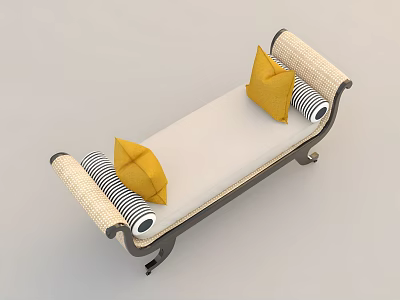 Stylish Sofa Bench With Light Cushion Rattan Armrests Black White Stripes And Yellow Pillows 3d model