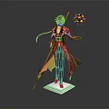 Vibrant Robed Game Movie Character Holding Golden Orb with Flowing Cape Standing on White Base