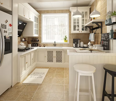 Clean Modern Kitchen Interior With White Cabinets Island Stools Tile Backsplash And Welcome Rug 3d model