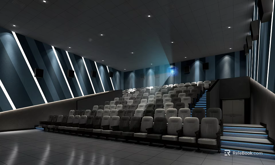 Spacious Modern Cinema Auditorium With Comfortable Seats Projection And Step Lighting 3d model 