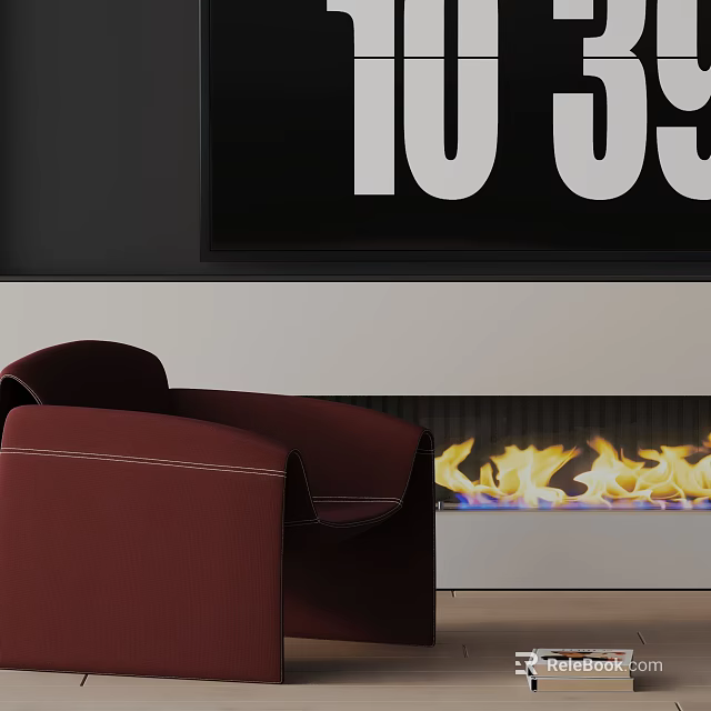 Red Upholstered Accent Chair In Modern Living Room With Fireplace Flames 3d model 