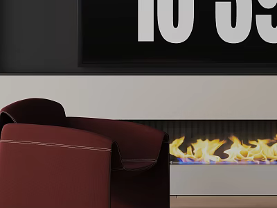 Red Upholstered Accent Chair In Modern Living Room With Fireplace Flames 3d model