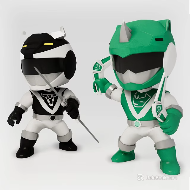 Black White And Green Hero Action Dolls With Warrior Helmet Sword And Armor 3d model