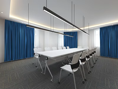 Modern Conference Room Interior With Long Table Chairs Blue Curtains And Lighting 3d model