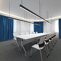Modern Conference Room Interior With Long Table Chairs Blue Curtains And Lighting