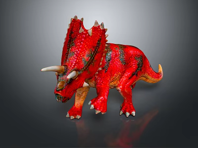 Red Triceratops Dinosaur Toy With Detailed Textured Skin White Horns On Dark Background 3d model