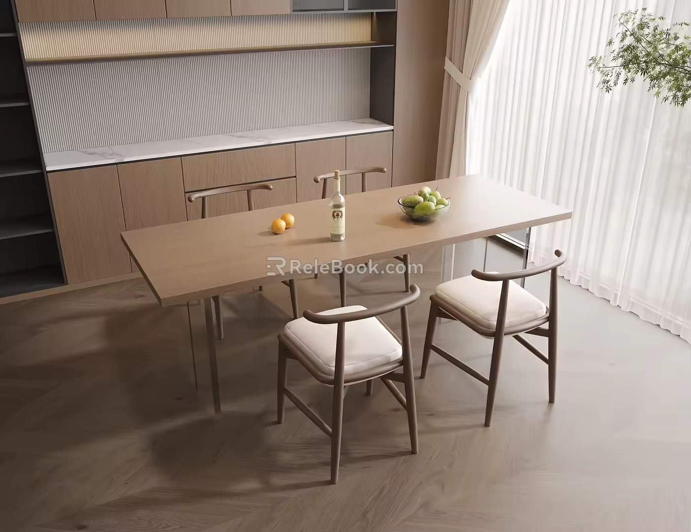 Dining Table Combination Long Square Table for Four Solid Wood 3d model