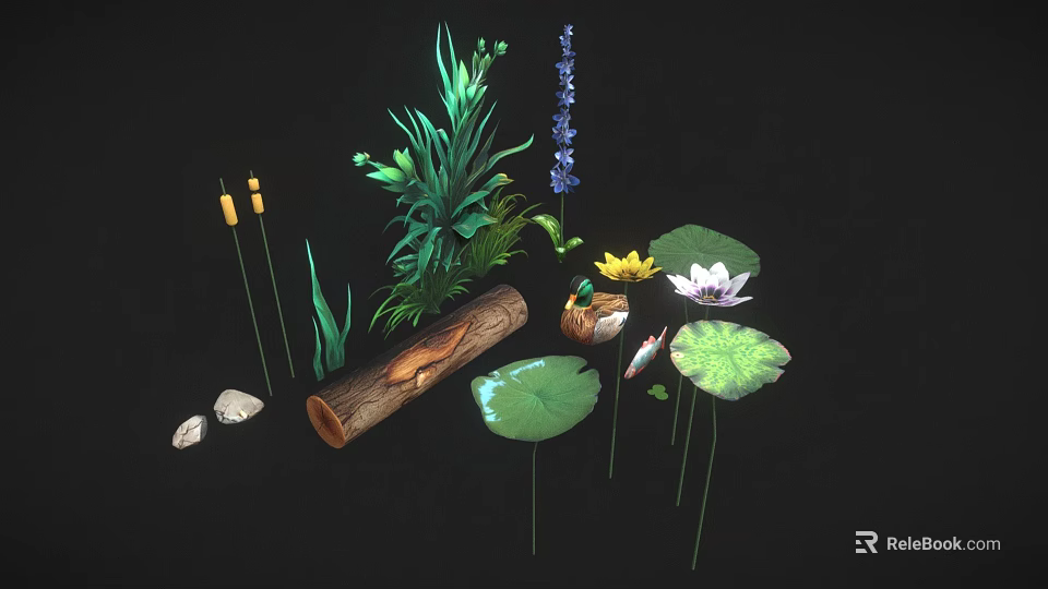 Cartoon Aquatic Scene with Green Plants Log Duck Fish Lily Pads Water Lily And Stones 3d model 