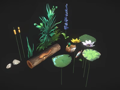 Cartoon Aquatic Scene with Green Plants Log Duck Fish Lily Pads Water Lily And Stones 3d model