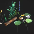 Cartoon Aquatic Scene with Green Plants Log Duck Fish Lily Pads Water Lily And Stones