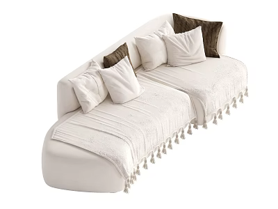 White Sectional Sofa with White and Brown Pillows and Tassel Blanket for Living Room 3d model
