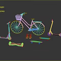 Colorful Kids Play Vehicles Collection With Bicycle Scooter Skates And Skateboards