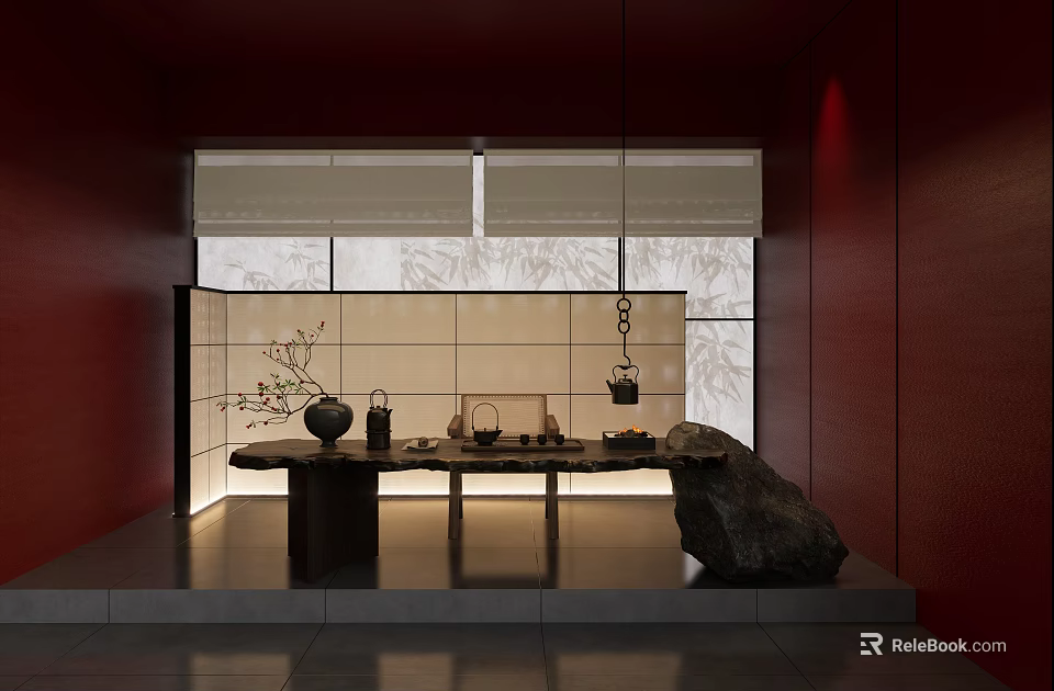 Japanese Teahouse Interior With Red Walls Bamboo Shadow Windows Long Table Tea Sets And Stone 3d model 