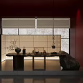 Japanese Teahouse Interior With Red Walls Bamboo Shadow Windows Long Table Tea Sets And Stone