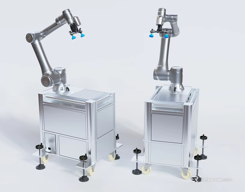 Intelligent Robotic Arms Mounted on Mobile Metal Cabinets with Blue End Effectors 3d model 