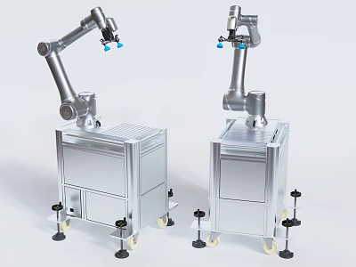 Intelligent Robotic Arms Mounted on Mobile Metal Cabinets with Blue End Effectors 3d model