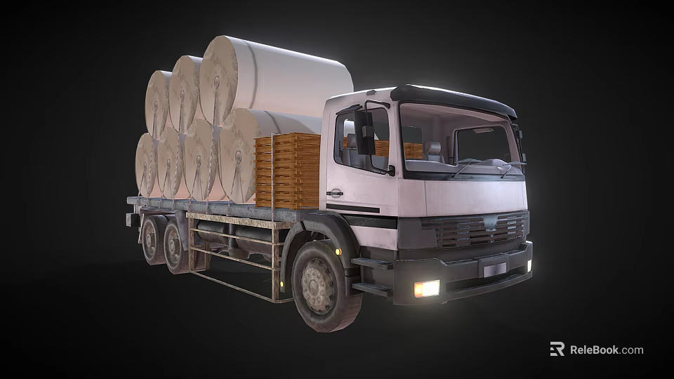 Flatbed Truck Loaded With Large White Rolls And Wooden Crates 3d model 