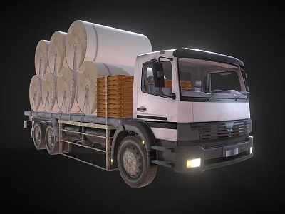 Flatbed Truck Loaded With Large White Rolls And Wooden Crates 3d model