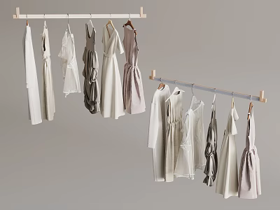 Modern Clothes Hook Rack With Hanging White Beige And Gray Clothes And Wooden Frame 3d model