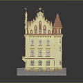 Yellow Facade Building With Red Roof Spire Decorations And Multi Story Structure