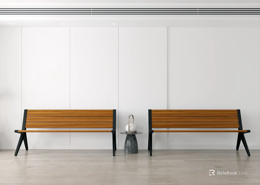 Outdoor Bench With Wooden Seat And Black Legs In Minimalist Design Setting 3d model 