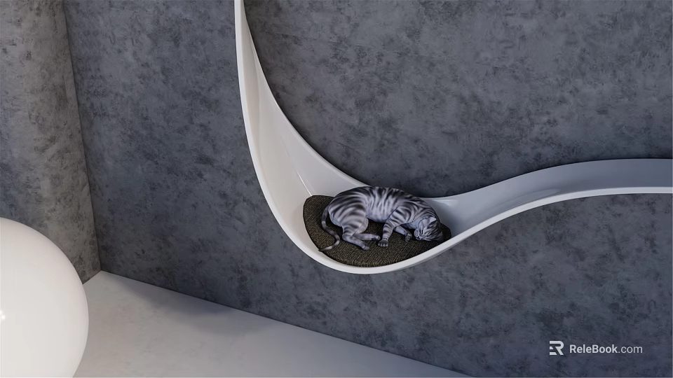 White Curved Hanging Cat Bed With Gray Wall Background And Resting Cat 3d model 