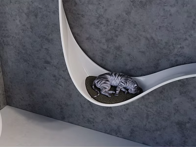 White Curved Hanging Cat Bed With Gray Wall Background And Resting Cat 3d model