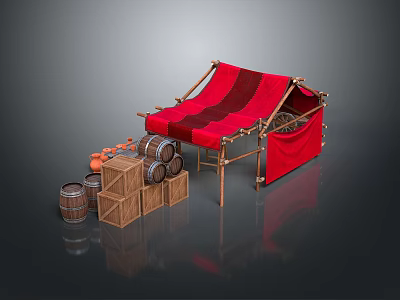 Red Canvas Tent With Wooden Barrels And Crates For Outdoor Living Supplies 3d model
