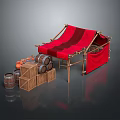 Red Canvas Tent With Wooden Barrels And Crates For Outdoor Living Supplies