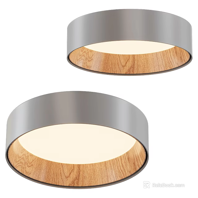 Round Modern Ceiling Light With Silver Metal Frame And Wooden Accent 3d model