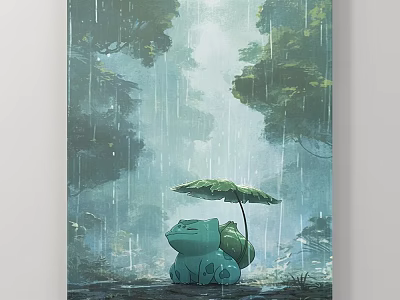Rainy Forest Scene With Green Character Holding Lotus Leaf Umbrella Under Soft Light And Raindrops 3d model