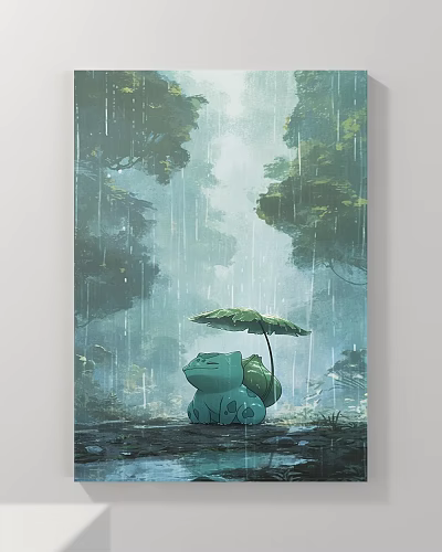 Rainy Forest Scene With Green Character Holding Lotus Leaf Umbrella Under Soft Light And Raindrops 3d model