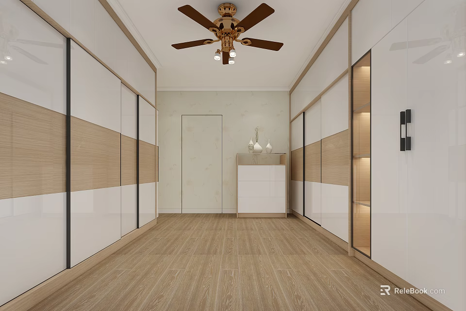 Modern Walk in Closet Interior With White Wooden Cabinets Wooden Flooring And Ceiling Fan Light 3d model 