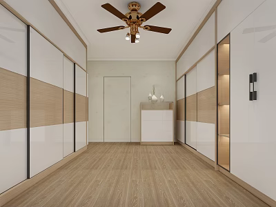 Modern Walk in Closet Interior With White Wooden Cabinets Wooden Flooring And Ceiling Fan Light 3d model