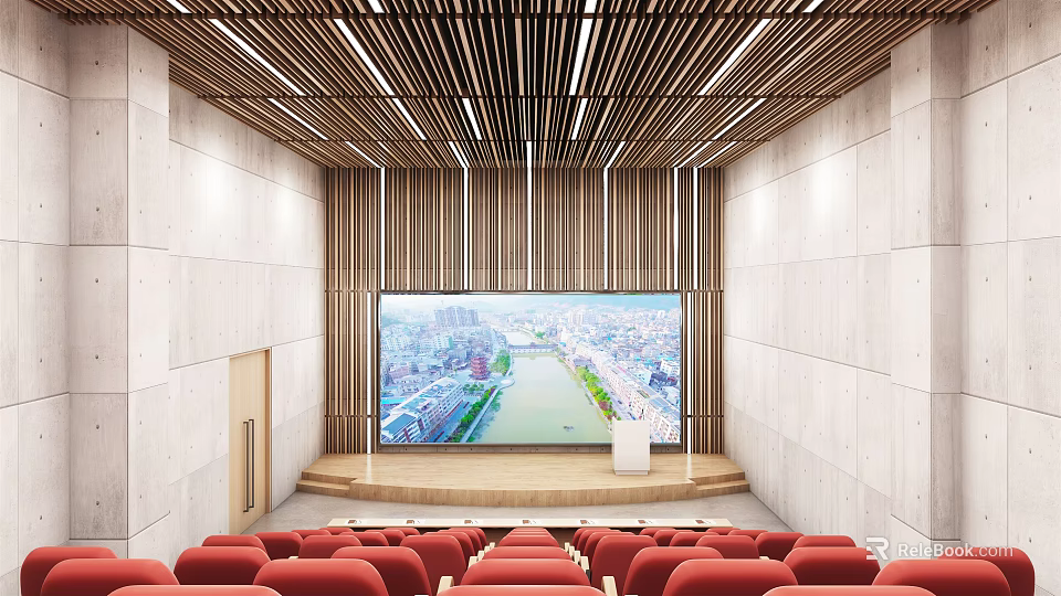 Modern Conference Room Interior Design With Red Seats Large Screen And Wooden Ceiling 3d model 