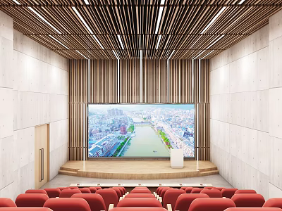 Modern Conference Room Interior Design With Red Seats Large Screen And Wooden Ceiling 3d model