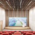 Modern Conference Room Interior Design With Red Seats Large Screen And Wooden Ceiling