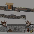 Rustic Stone Decorative Structures With Thatched Hut Wavy Wall Carved Patterns And Wheat Ears 3d model