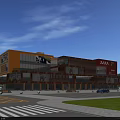 Modern Commercial Complex With Orange Facade Glass Curtain Walls ZARA Store And Green Lawn