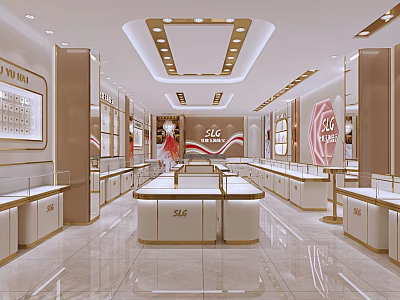 Elegant Luxury Jewelry Store Interior With Bright Lighting Glass Display Cases And Golden Accents 3d model
