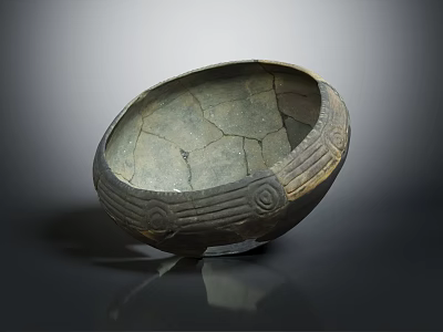 Ancient Clay Bowl With Cracked Surface And Decorative Patterns On Dark Background 3d model