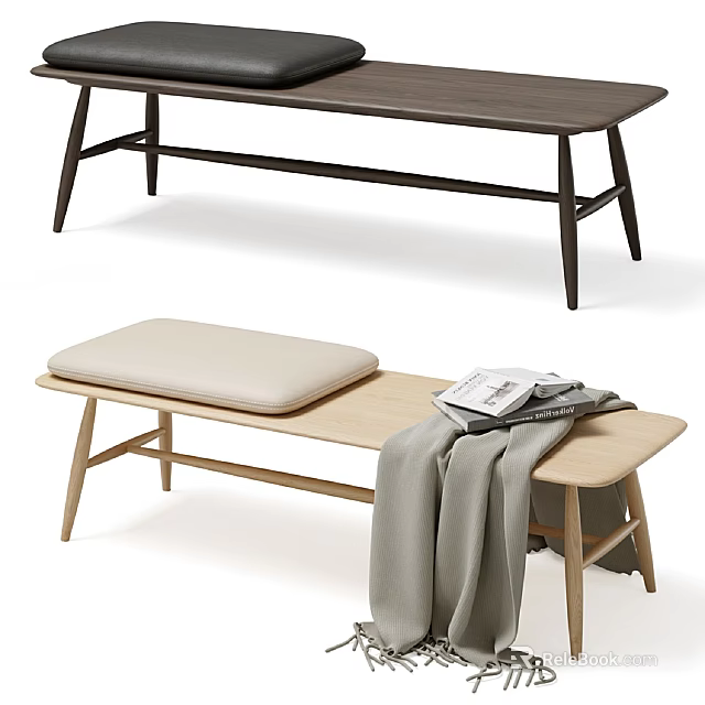 Light Wooden Leisure Bench with Beige Cushion Gray Blanket and Magazines 3d model 