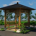 Traditional Chinese Style Wooden Pavilion With Black Roof Surrounded By Trees And Stone Pavement